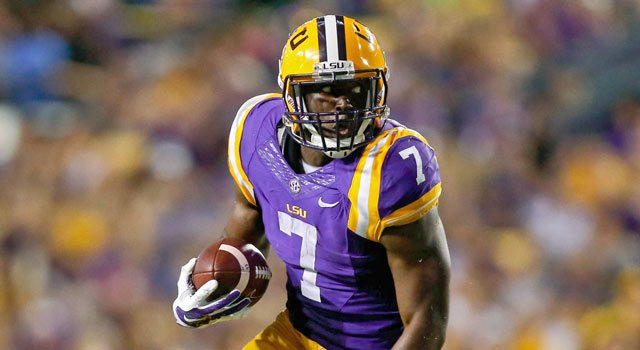 Sep 27, 2014; Baton Rouge, LA, USA; LSU Tigers running back Leonard Fournette (7) breaks loose for a touchdown run against the New Mexico State Aggies during the second quarter of a game at Tiger Stadium. Mandatory Credit: Derick E. Hingle-USA TODAY Sports